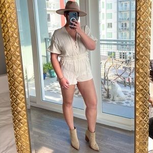 SOLD - Cream Linen Romper with Button and Side-tie Details